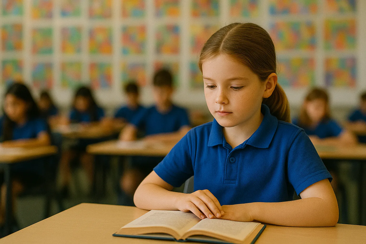 Student reading in a classroom